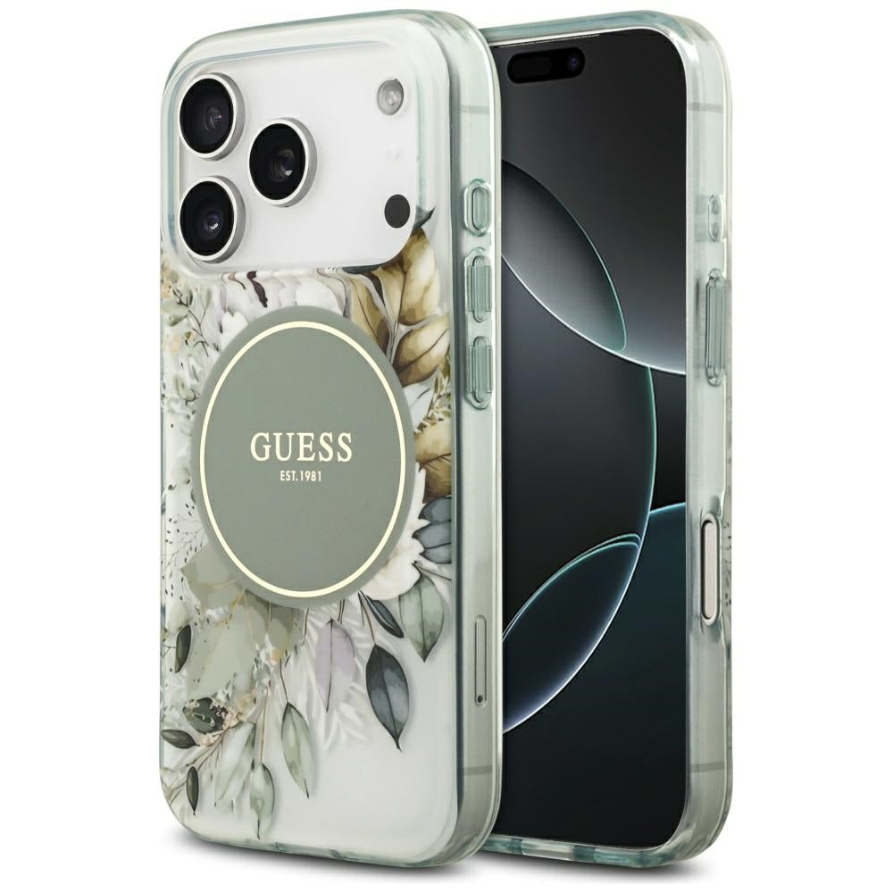 Ovitek MagSafe za Apple iPhone 17 Pro Max, Guess, IML Flower & Tonal Circle, zelen