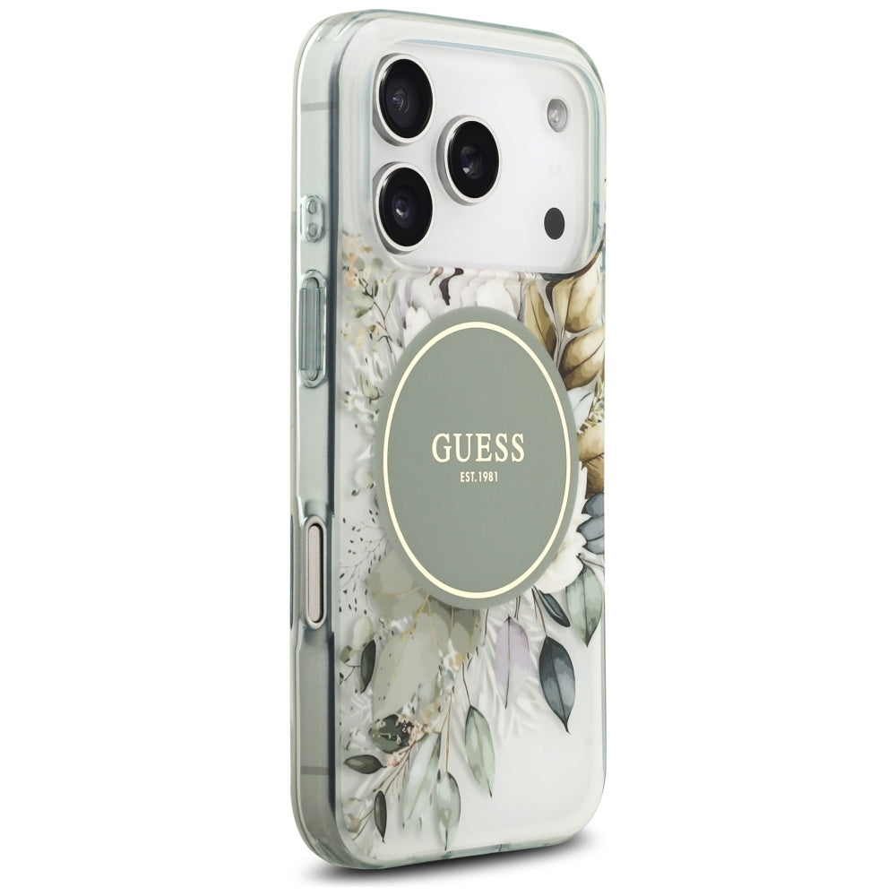 Ovitek MagSafe za Apple iPhone 17 Pro Max, Guess, IML Flower & Tonal Circle, zelen