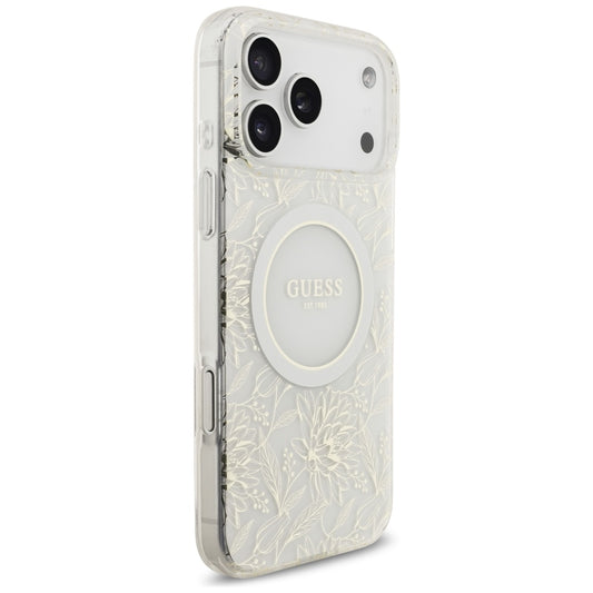 MagSafe ovitek za Apple iPhone 17 Pro Max, Guess, IML Flowers Allover Electroplated with Pearl Strap, Bela