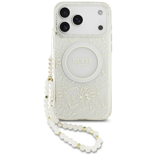 MagSafe ovitek za Apple iPhone 17 Pro Max, Guess, IML Flowers Allover Electroplated with Pearl Strap, Bela