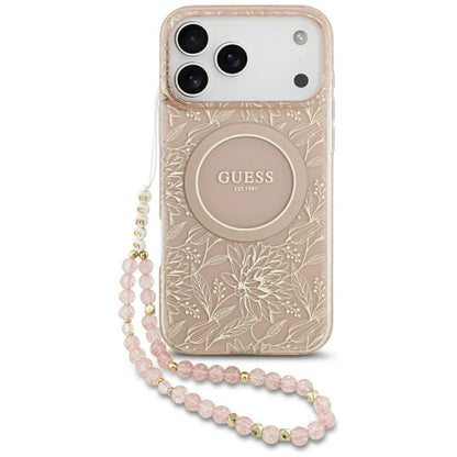 Ovitek MagSafe za Apple iPhone 17 Pro Max, Guess, IML Flowers Allover Electroplated with Pearl Strap, Roza