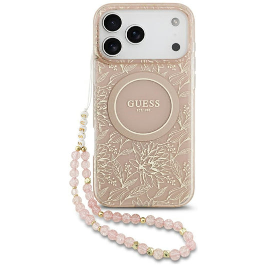 Ovitek MagSafe za Apple iPhone 17 Pro Max, Guess, IML Flowers Allover Electroplated with Pearl Strap, Roza