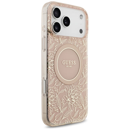 Ovitek MagSafe za Apple iPhone 17 Pro Max, Guess, IML Flowers Allover Electroplated with Pearl Strap, Roza