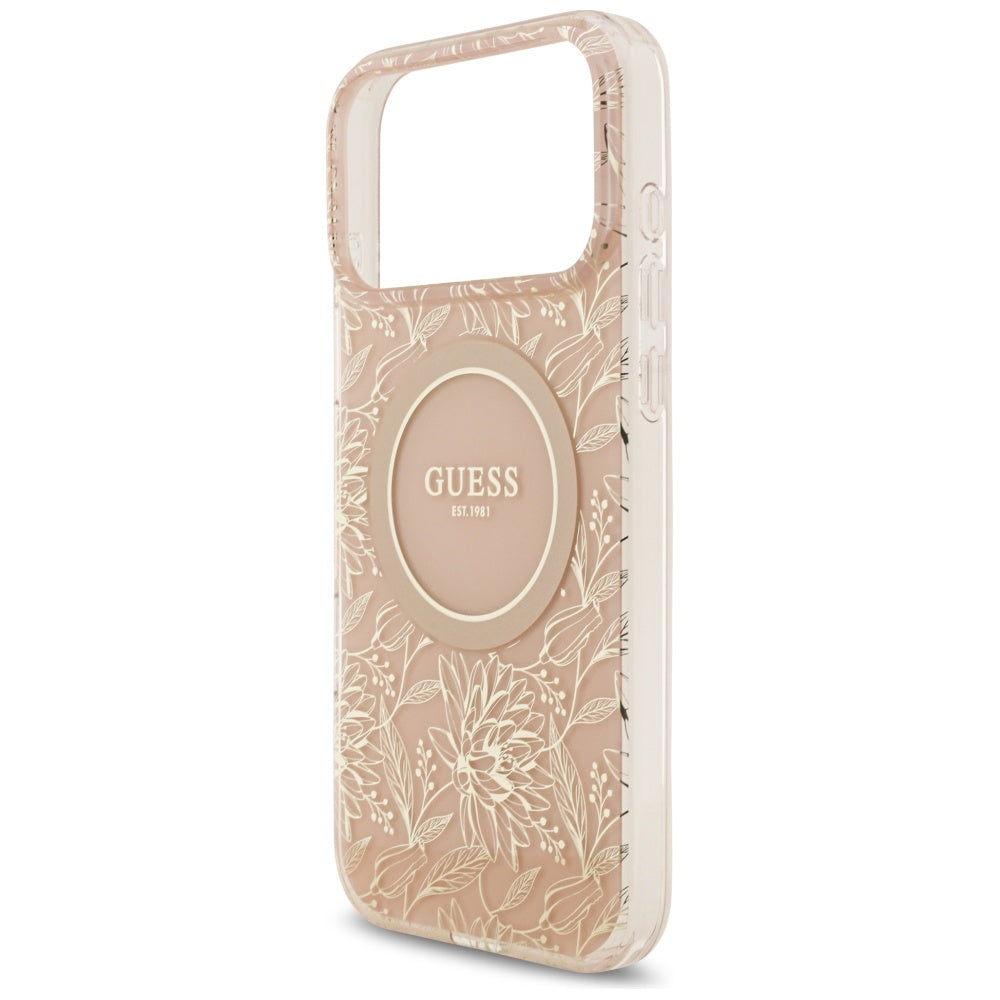 Ovitek MagSafe za Apple iPhone 17 Pro Max, Guess, IML Flowers Allover Electroplated with Pearl Strap, Roza
