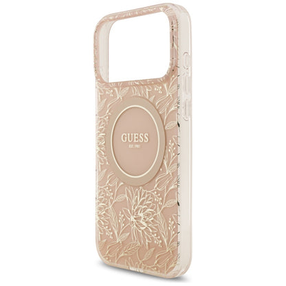 Ovitek MagSafe za Apple iPhone 17 Pro Max, Guess, IML Flowers Allover Electroplated with Pearl Strap, Roza