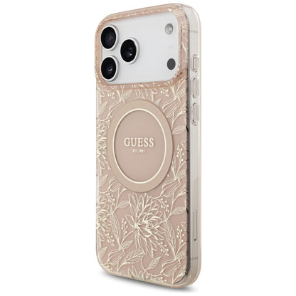 Ovitek MagSafe za Apple iPhone 17 Pro Max, Guess, IML Flowers Allover Electroplated with Pearl Strap, Roza
