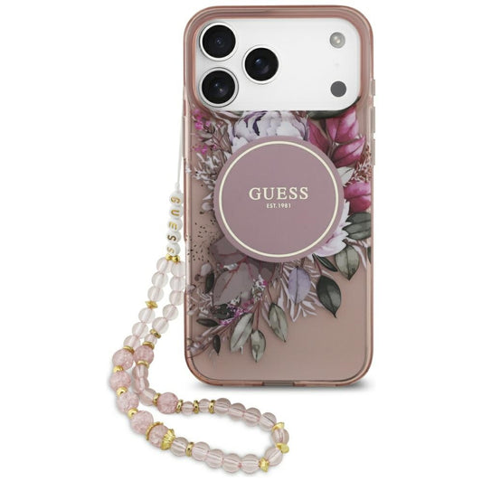Ovitek MagSafe za Apple iPhone 17 Pro Max, Guess, IML Flowers with Pearl Strap, Roza