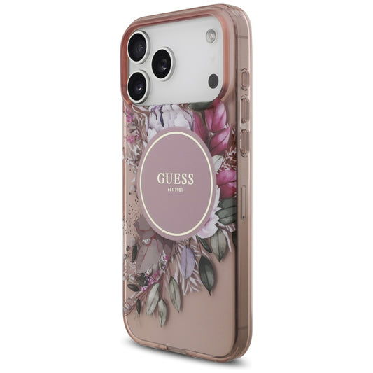 Ovitek MagSafe za Apple iPhone 17 Pro Max, Guess, IML Flowers with Pearl Strap, Roza