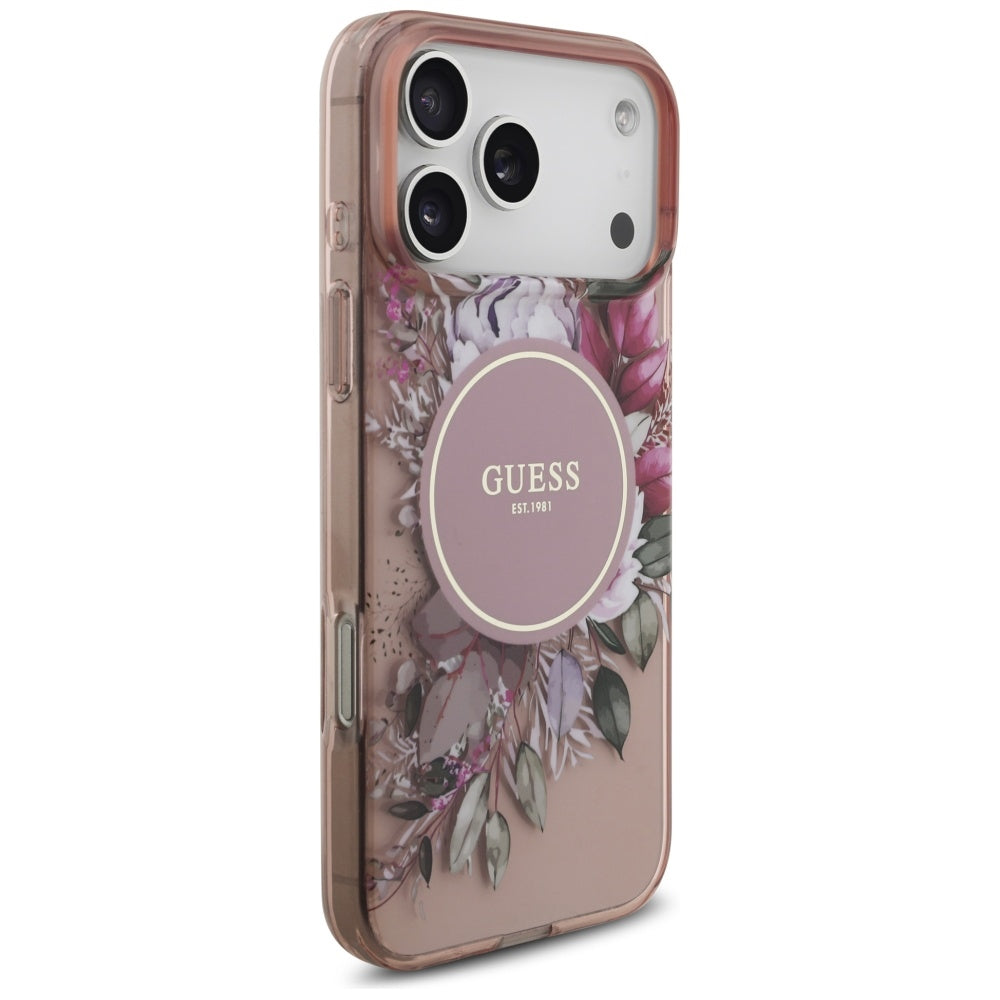 Ovitek MagSafe za Apple iPhone 17 Pro Max, Guess, IML Flowers with Pearl Strap, Roza