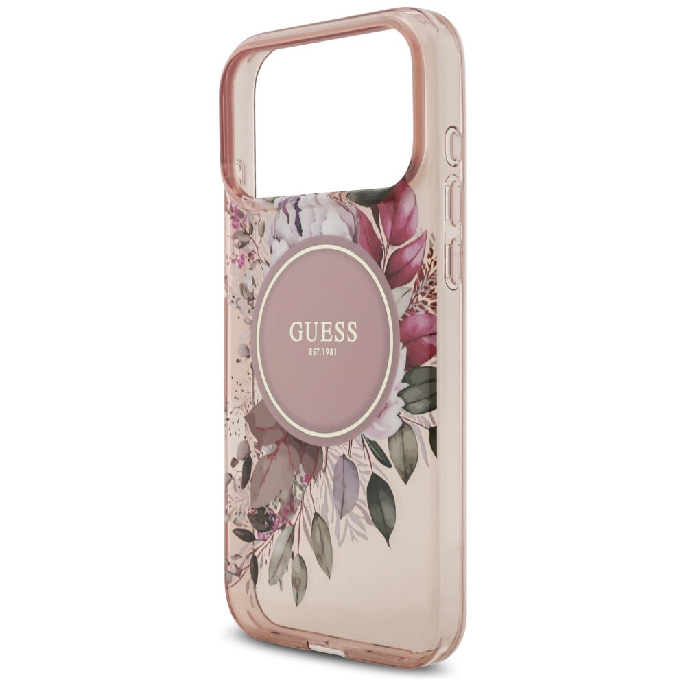 Ovitek MagSafe za Apple iPhone 17 Pro Max, Guess, IML Flowers with Pearl Strap, Roza