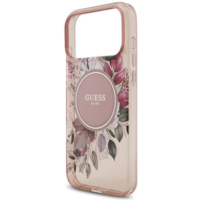 Ovitek MagSafe za Apple iPhone 17 Pro Max, Guess, IML Flowers with Pearl Strap, Roza