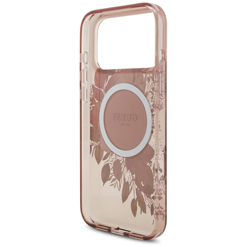Ovitek MagSafe za Apple iPhone 17 Pro Max, Guess, IML Flowers with Pearl Strap, Roza