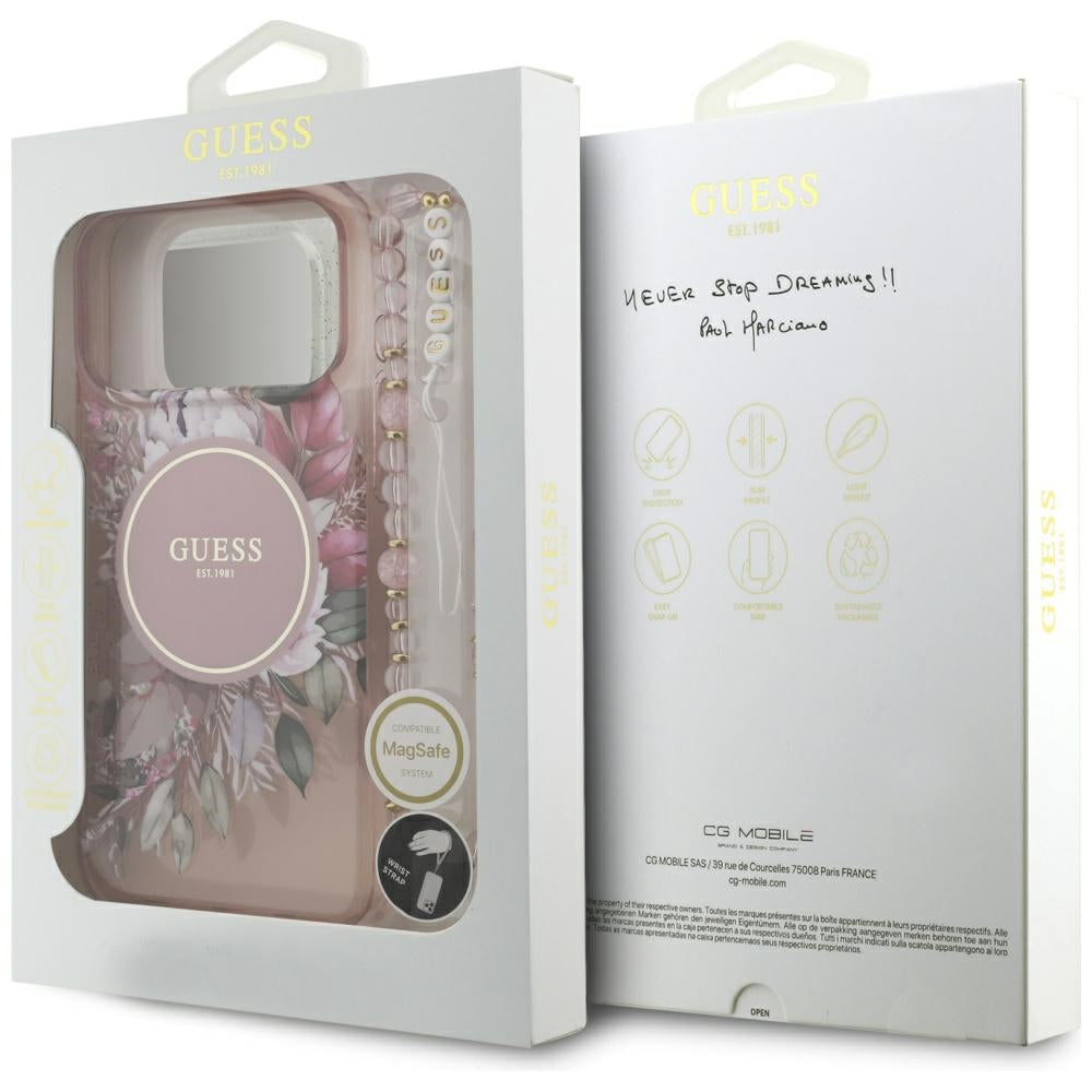 Ovitek MagSafe za Apple iPhone 17 Pro Max, Guess, IML Flowers with Pearl Strap, Roza