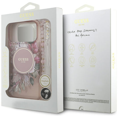 Ovitek MagSafe za Apple iPhone 17 Pro Max, Guess, IML Flowers with Pearl Strap, Roza
