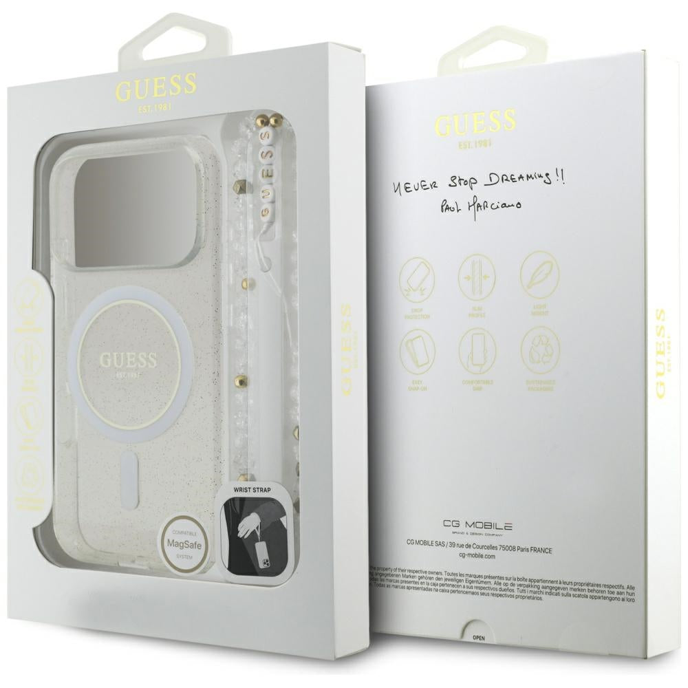 Ovitek MagSafe za Apple iPhone 17 Pro Max, Guess, IML Glitter with Pearl Strap, Prozoren