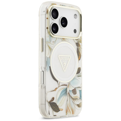 Ovitek MagSafe za Apple iPhone 17 Pro Max, Guess, IML Metal Glitter Flowers Triangle, Bela