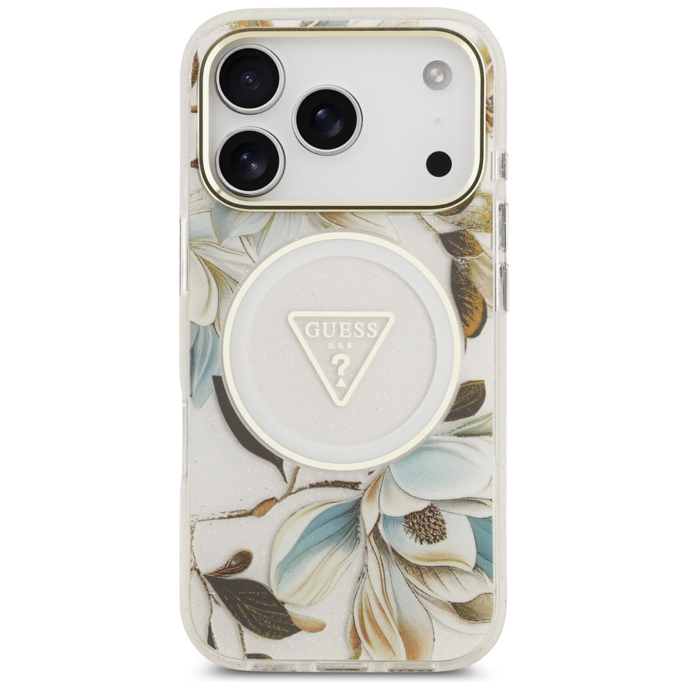 Ovitek MagSafe za Apple iPhone 17 Pro Max, Guess, IML Metal Glitter Flowers Triangle, Bela