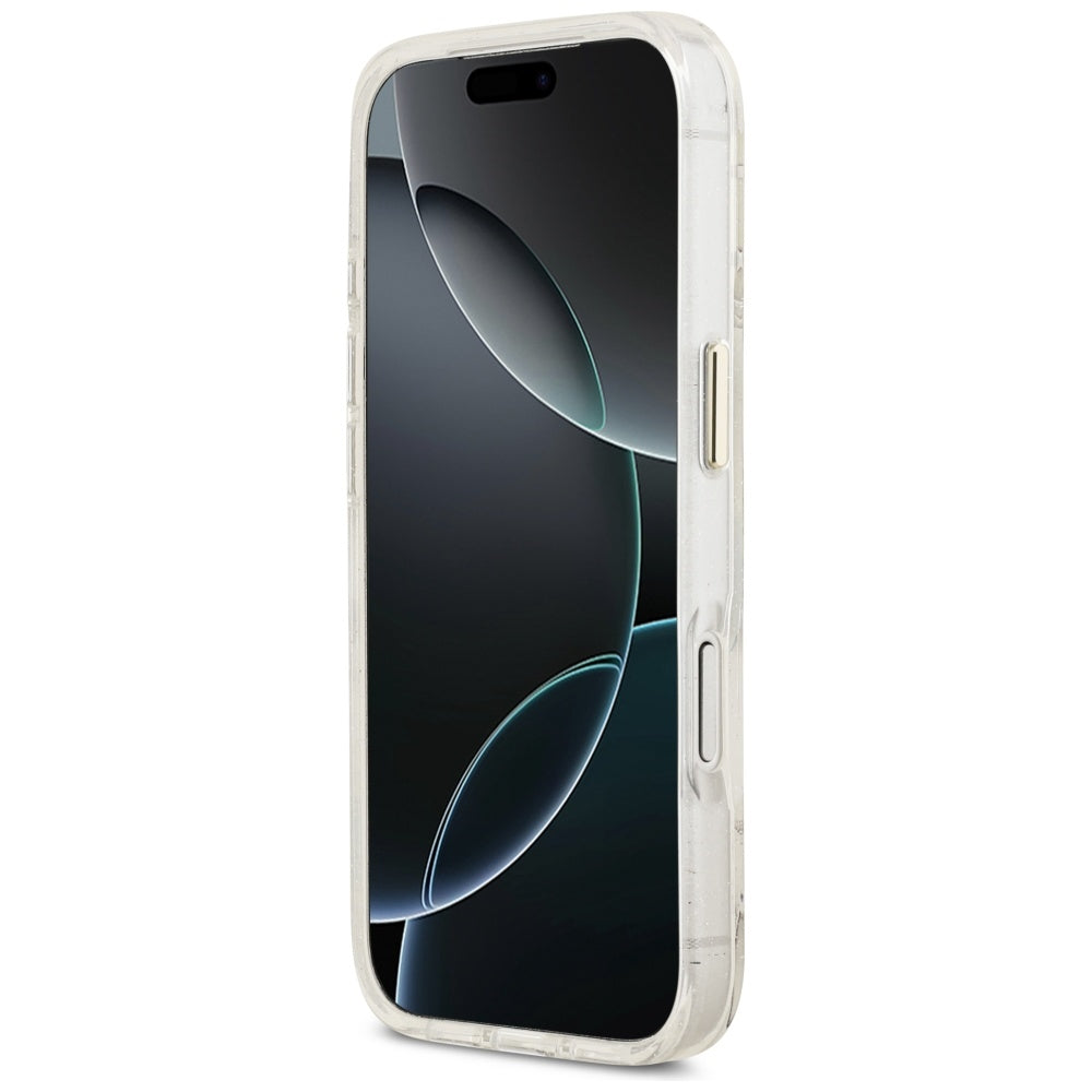 Ovitek MagSafe za Apple iPhone 17 Pro Max, Guess, IML Metal Glitter Flowers Triangle, Bela