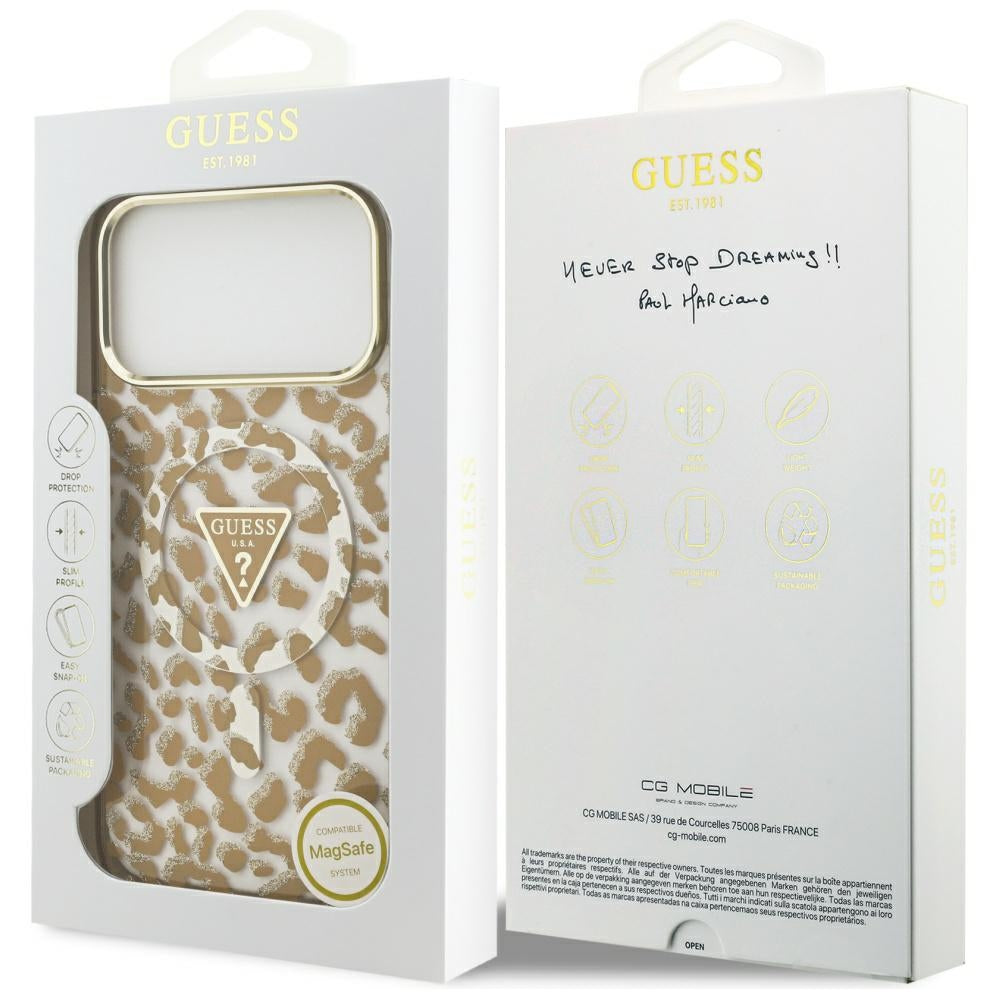 Ovitek MagSafe za Apple iPhone 17 Pro Max, Guess, Leopard Glitter, Rjava