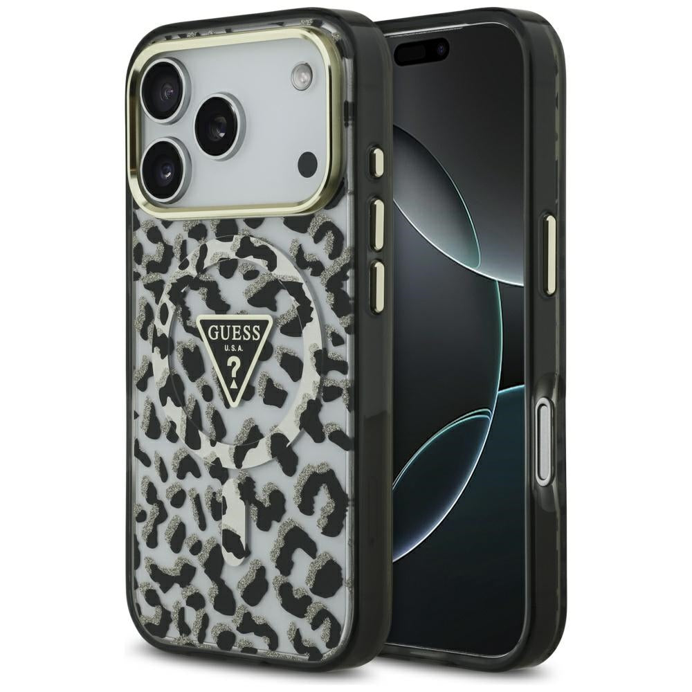 Ovitek MagSafe za Apple iPhone 17 Pro Max, Guess, Leopard Glitter, Črna