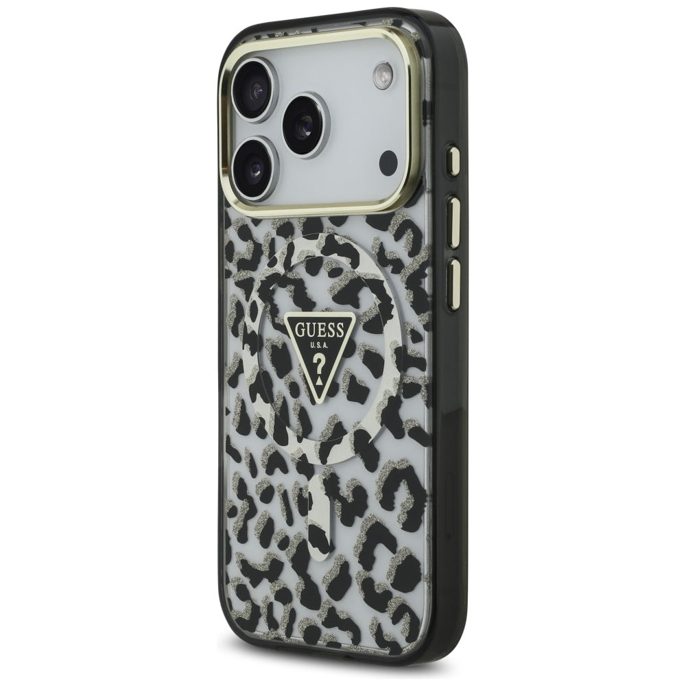 Ovitek MagSafe za Apple iPhone 17 Pro Max, Guess, Leopard Glitter, Črna