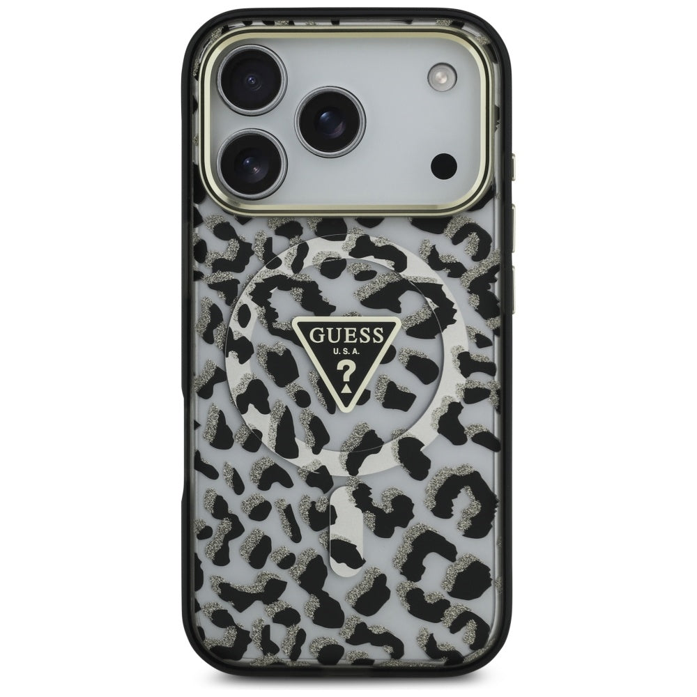 Ovitek MagSafe za Apple iPhone 17 Pro Max, Guess, Leopard Glitter, Črna
