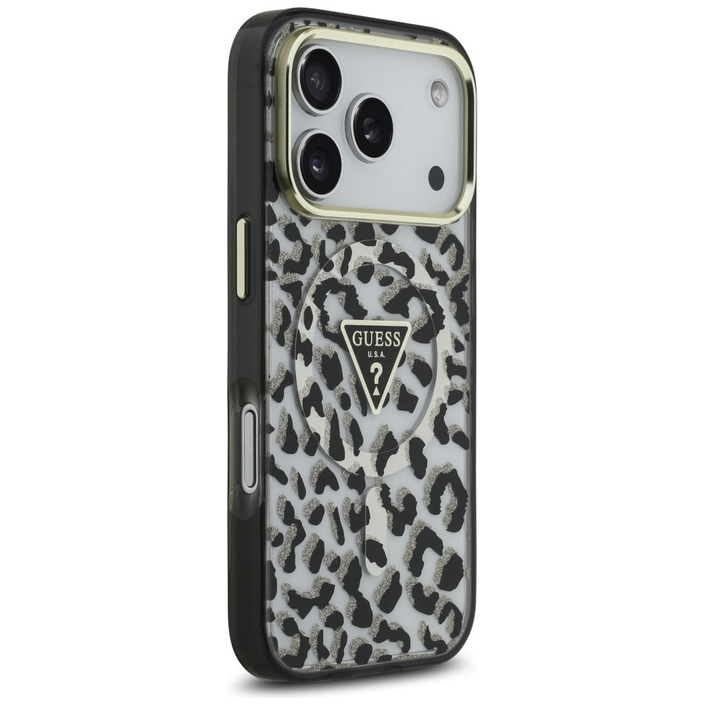 Ovitek MagSafe za Apple iPhone 17 Pro Max, Guess, Leopard Glitter, Črna