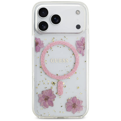 Ovitek MagSafe za Apple iPhone 17 Pro Max, Guess, Resin Flowers and Glitter, Roza