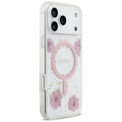 Ovitek MagSafe za Apple iPhone 17 Pro Max, Guess, Resin Flowers and Glitter, Roza