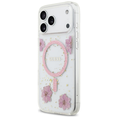 Ovitek MagSafe za Apple iPhone 17 Pro Max, Guess, Resin Flowers and Glitter, Roza