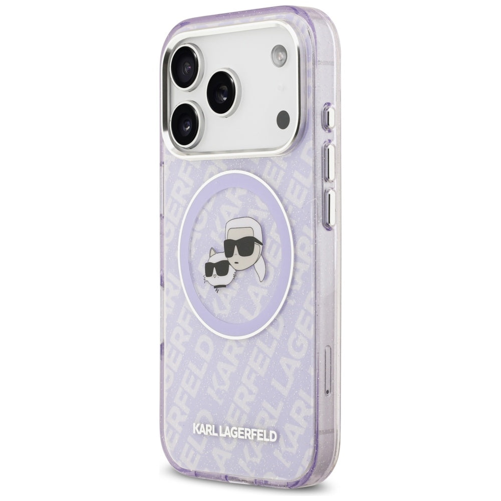 Ovitek MagSafe za Apple iPhone 17 Pro Max, Karl Lagerfeld, IML Glitter Karl & Choupette`s Heads, Vijolična