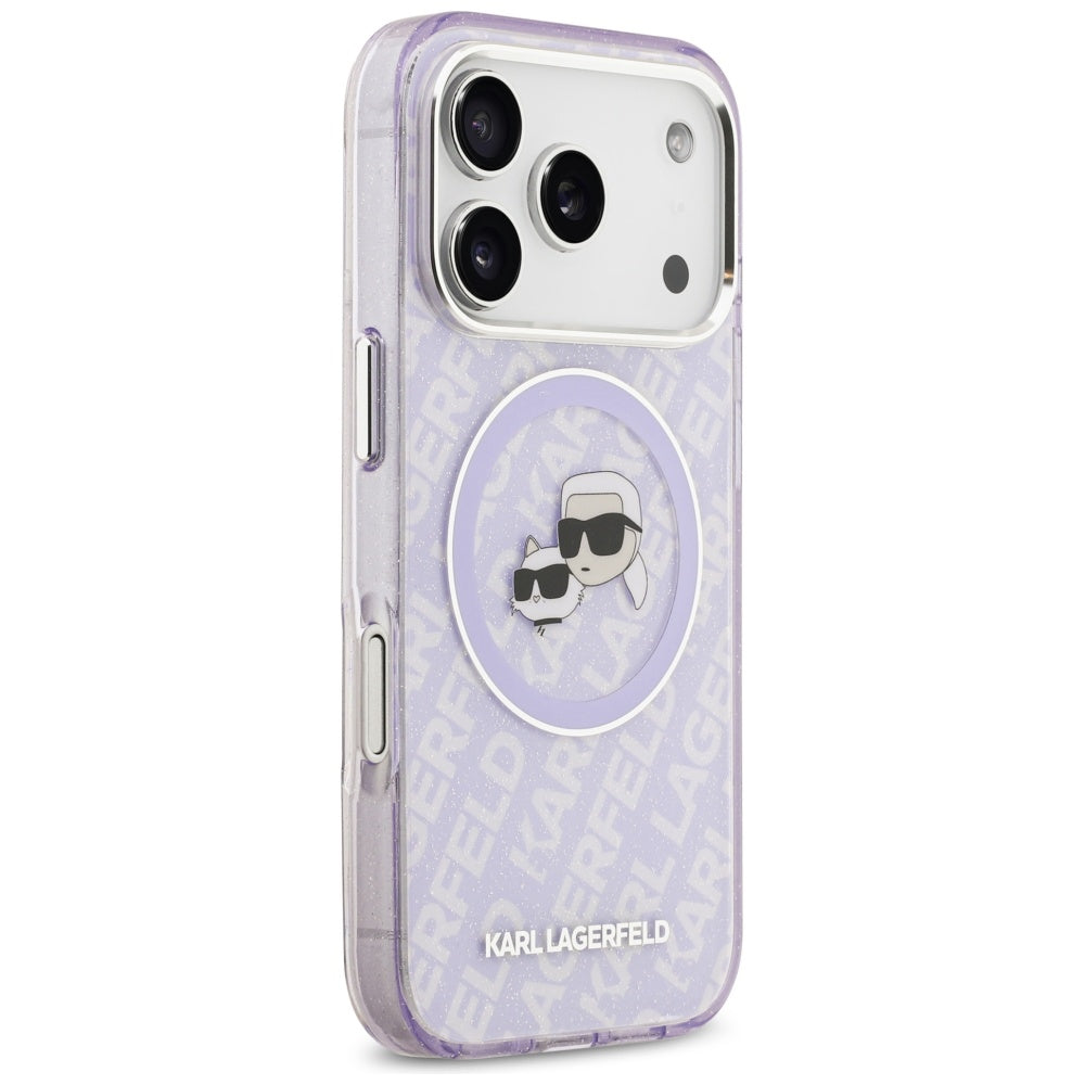 Ovitek MagSafe za Apple iPhone 17 Pro Max, Karl Lagerfeld, IML Glitter Karl & Choupette`s Heads, Vijolična