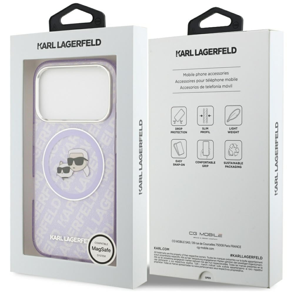 Ovitek MagSafe za Apple iPhone 17 Pro Max, Karl Lagerfeld, IML Glitter Karl & Choupette`s Heads, Vijolična