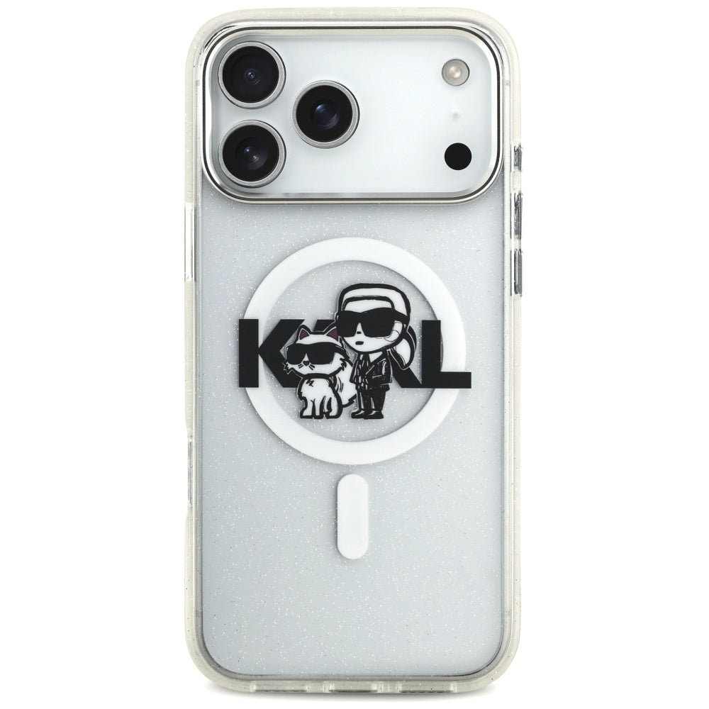 Ovitek MagSafe za Apple iPhone 17 Pro Max, Karl Lagerfeld, IML Sketch Logo Glitter Karl & Choupette, Prozoren