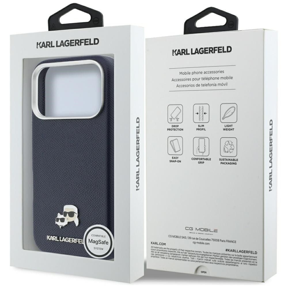 Ovitek MagSafe za Apple iPhone 17 Pro Max, Karl Lagerfeld, Saffiano Karl & Choupette Pins, Modra