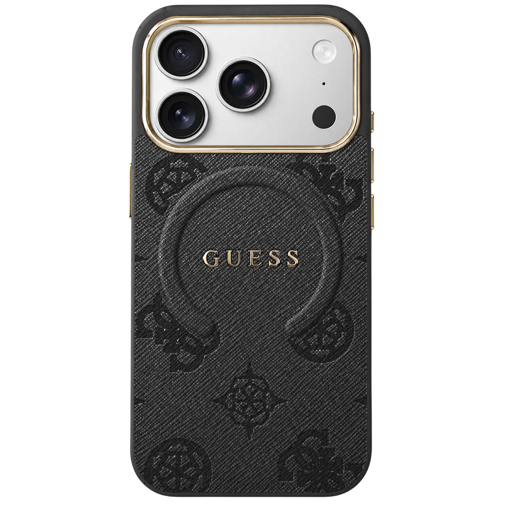 MagSafe ovitek za Apple iPhone 18 Pro / 17 Pro, Guess, 4G reliefni obroč klasični logotip, črn