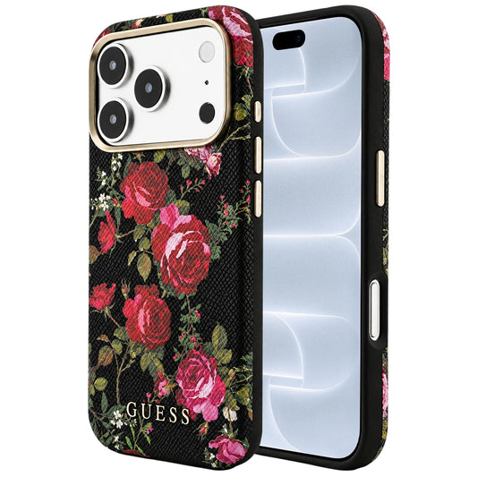 MagSafe ovitek za Apple iPhone 18 Pro / 17 Pro, Guess, Blossom Roses Print, črn
