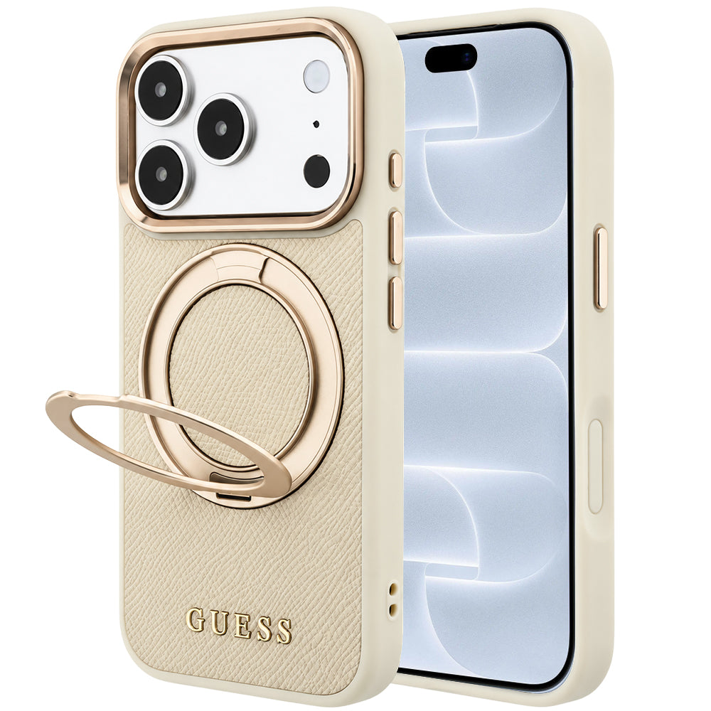 MagSafe ovitek za Apple iPhone 18 Pro / 17 Pro, Guess, Grained Ring Stand 360 Classic, bež