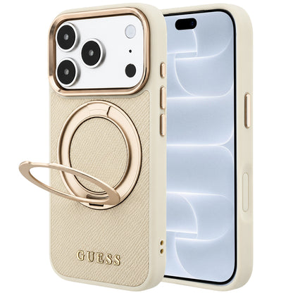 MagSafe ovitek za Apple iPhone 18 Pro / 17 Pro, Guess, Grained Ring Stand 360 Classic, bež