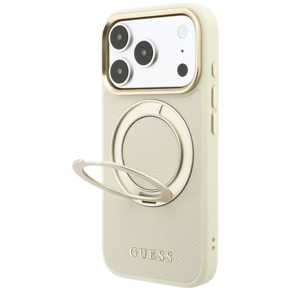 MagSafe ovitek za Apple iPhone 18 Pro / 17 Pro, Guess, Grained Ring Stand 360 Classic, bež