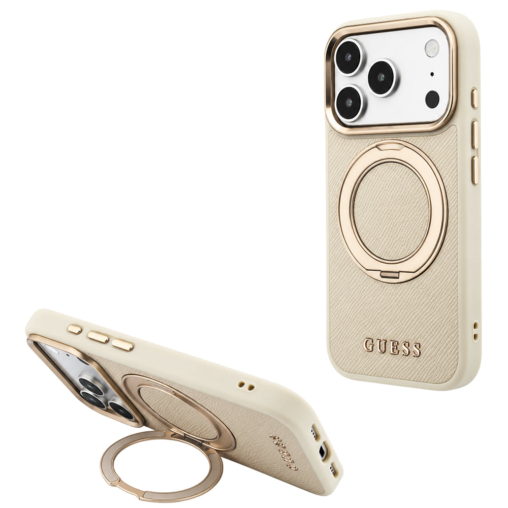 MagSafe ovitek za Apple iPhone 18 Pro / 17 Pro, Guess, Grained Ring Stand 360 Classic, bež