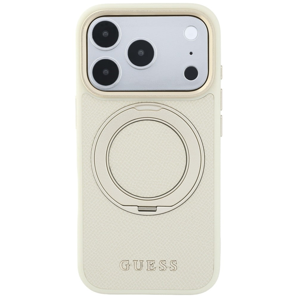 MagSafe ovitek za Apple iPhone 18 Pro / 17 Pro, Guess, Grained Ring Stand 360 Classic, bež