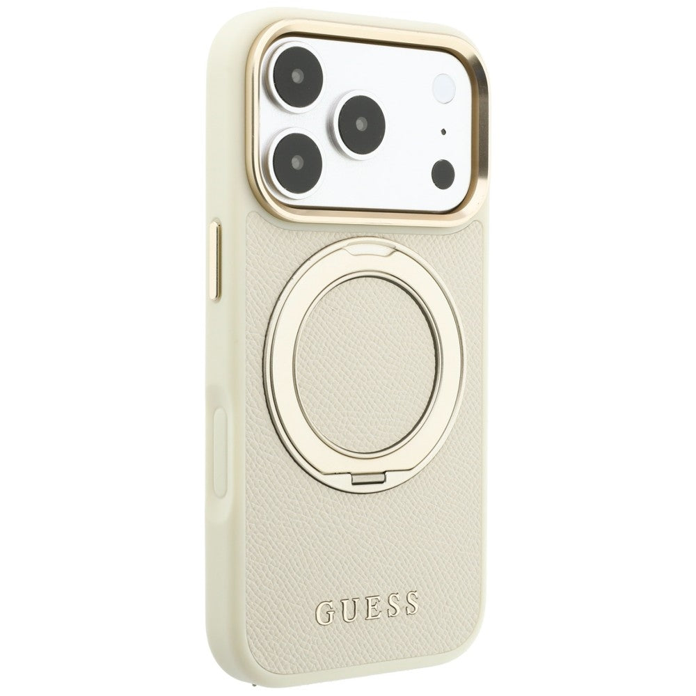 MagSafe ovitek za Apple iPhone 18 Pro / 17 Pro, Guess, Grained Ring Stand 360 Classic, bež