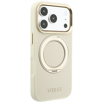MagSafe ovitek za Apple iPhone 18 Pro / 17 Pro, Guess, Grained Ring Stand 360 Classic, bež