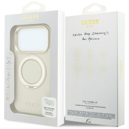 MagSafe ovitek za Apple iPhone 18 Pro / 17 Pro, Guess, Grained Ring Stand 360 Classic, bež