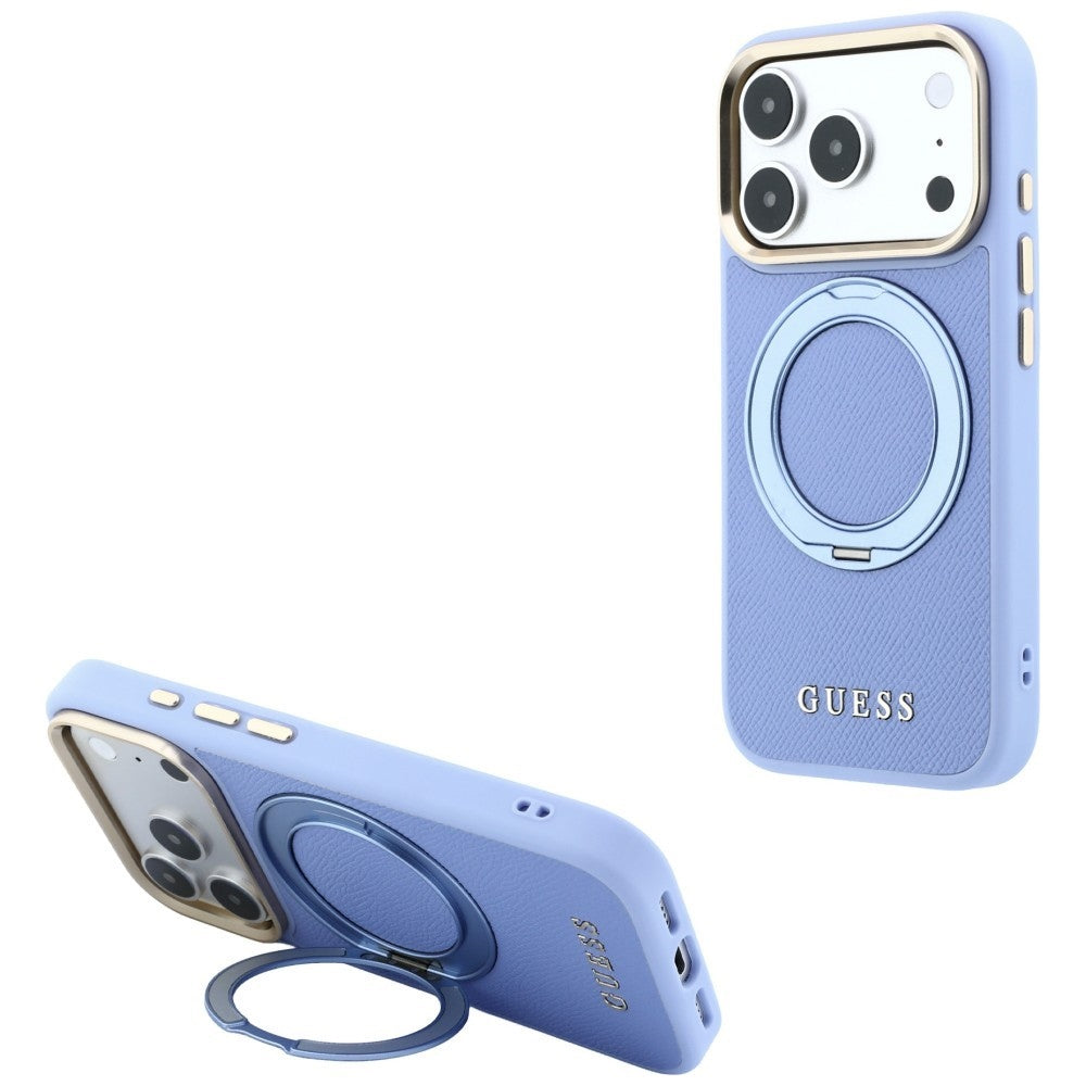 Ovitek MagSafe za Apple iPhone 18 Pro / 17 Pro, Guess, Grained Ring Stand 360 Classic, modra