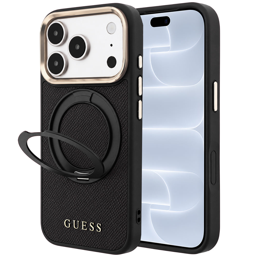 MagSafe ovitek za Apple iPhone 18 Pro / 17 Pro, Guess, Grained Ring Stand 360 Classic, črn