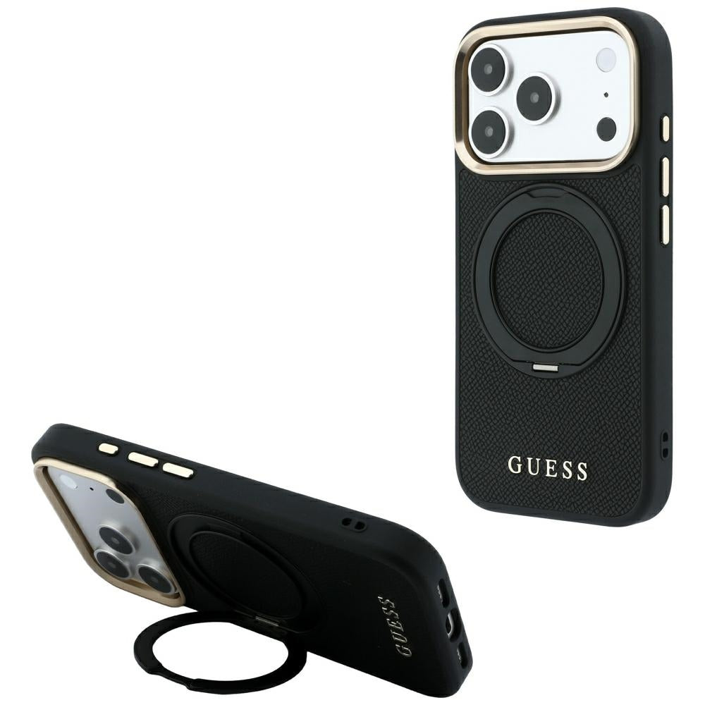 MagSafe ovitek za Apple iPhone 18 Pro / 17 Pro, Guess, Grained Ring Stand 360 Classic, črn