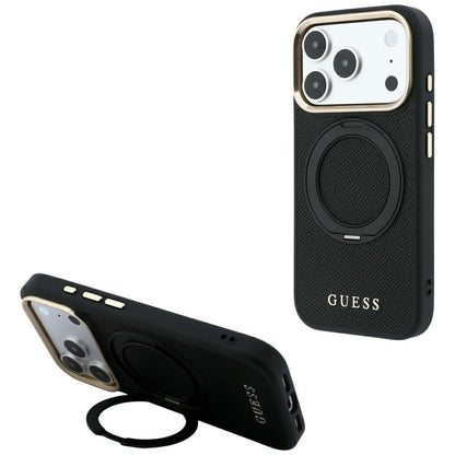 MagSafe ovitek za Apple iPhone 18 Pro / 17 Pro, Guess, Grained Ring Stand 360 Classic, črn