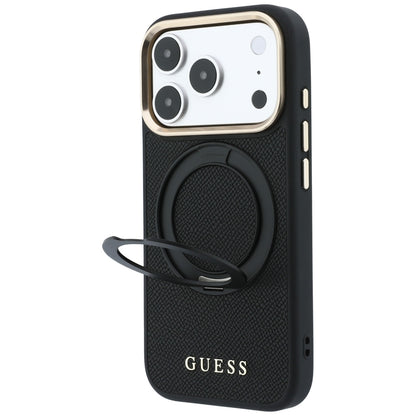 MagSafe ovitek za Apple iPhone 18 Pro / 17 Pro, Guess, Grained Ring Stand 360 Classic, črn